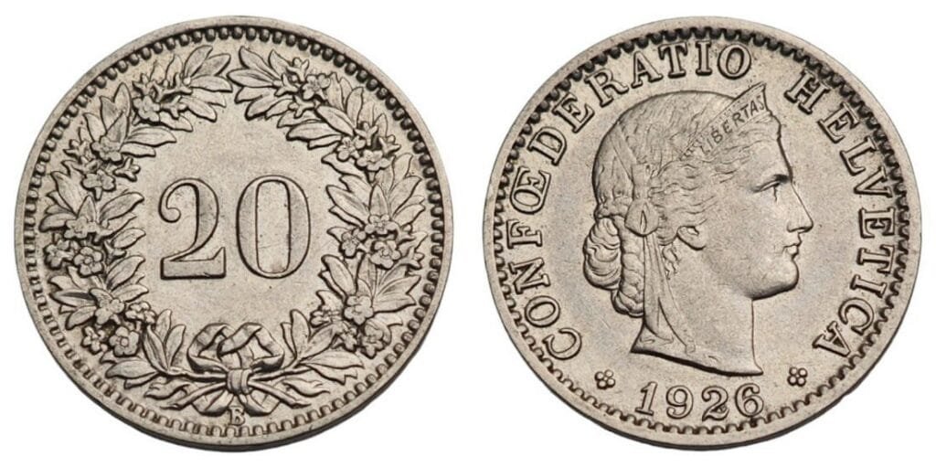 SWITZERLAND 20 rappen 1926 XF