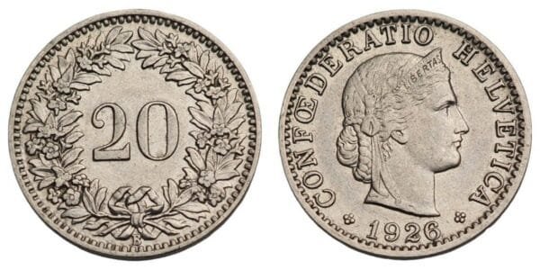 SWITZERLAND 20 rappen 1926 XF