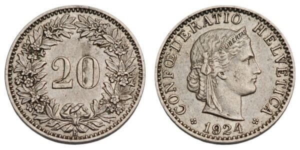 SWITZERLAND 20 rappen 1924 VF+