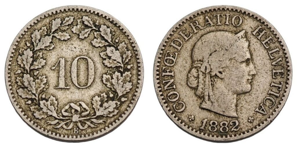 SWITZERLAND 10 rappen 1882 VF