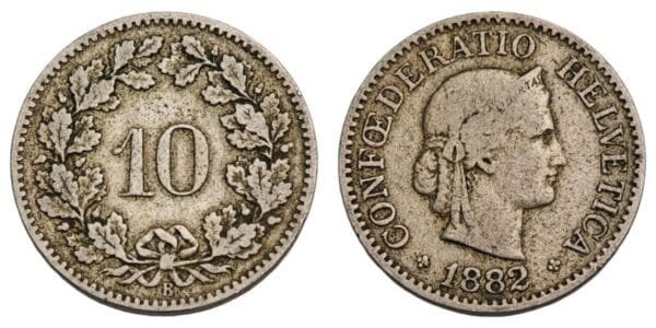 SWITZERLAND 10 rappen 1882 VF