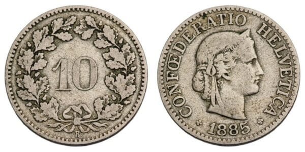 SWITZERLAND 10 rappen 1885 VF