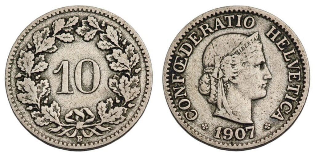 SWITZERLAND 10 rappen 1907 VF