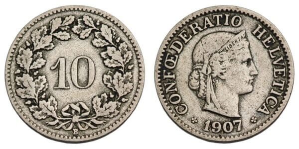 SWITZERLAND 10 rappen 1907 VF
