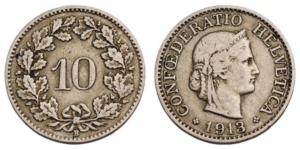 SWITZERLAND 10 rappen 1913 VF