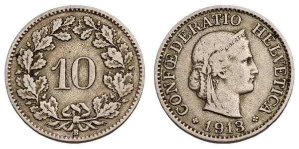 SWITZERLAND 10 rappen 1913 VF