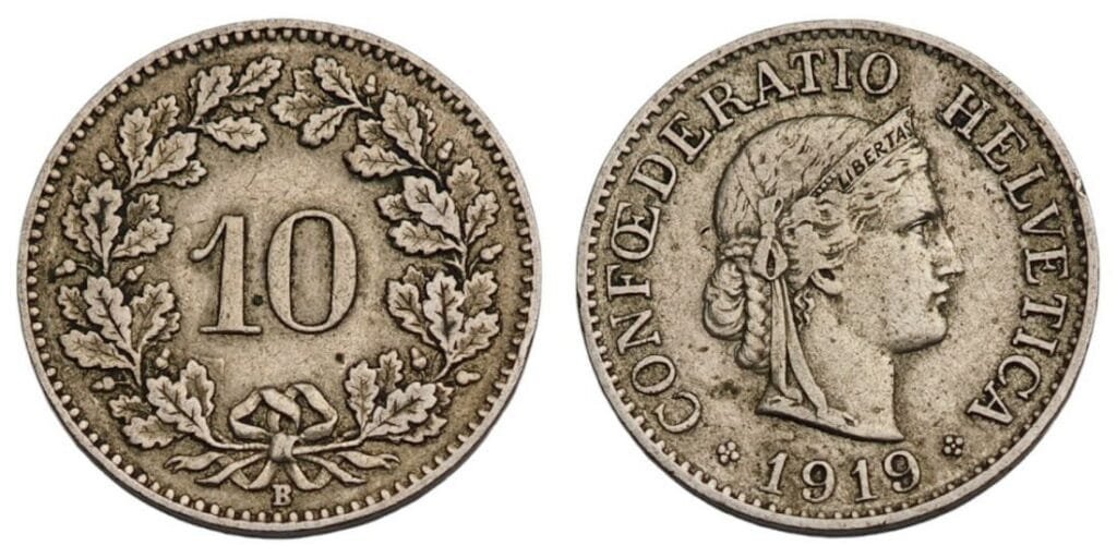 SWITZERLAND 10 rappen 1919 VF