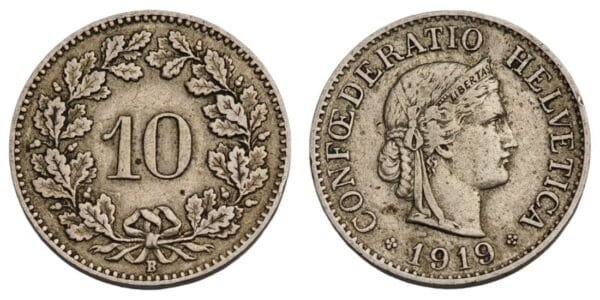 SWITZERLAND 10 rappen 1919 VF