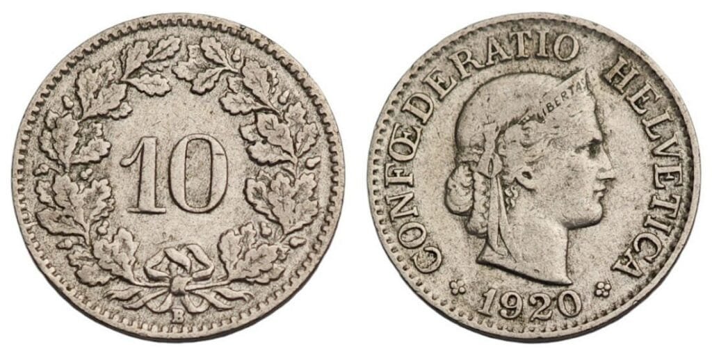 SWITZERLAND 10 rappen 1920 VF