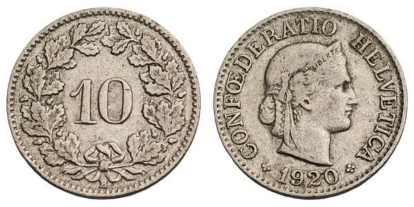 SWITZERLAND 10 rappen 1920 VF