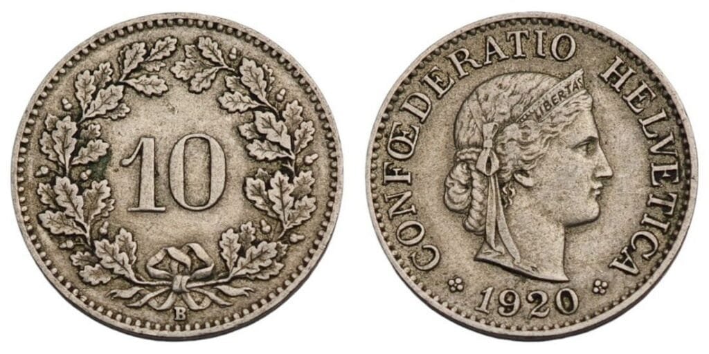 SWITZERLAND 10 rappen 1920 VF