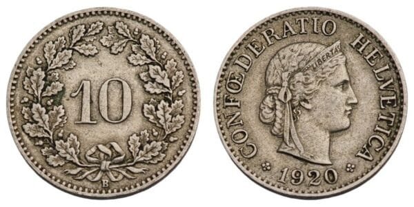 SWITZERLAND 10 rappen 1920 VF
