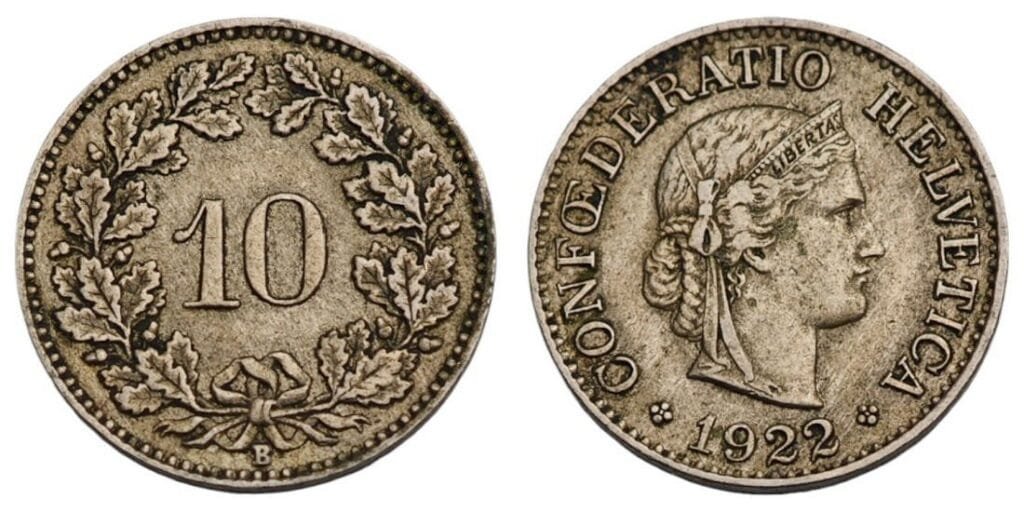 SWITZERLAND 10 rappen 1922 VF