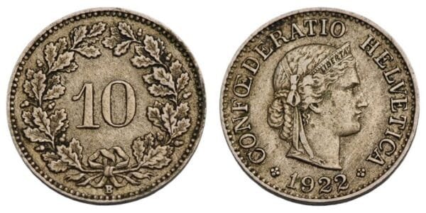 SWITZERLAND 10 rappen 1922 VF