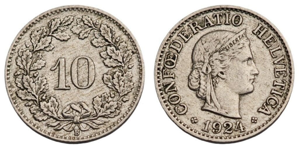 SWITZERLAND 10 rappen 1924 VF