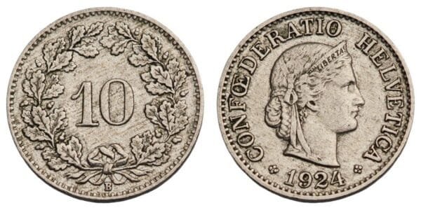 SWITZERLAND 10 rappen 1924 VF