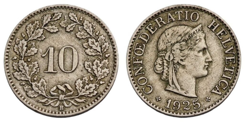 SWITZERLAND 10 rappen 1925 VF