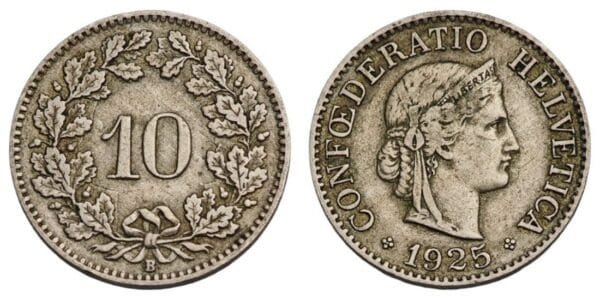 SWITZERLAND 10 rappen 1925 VF