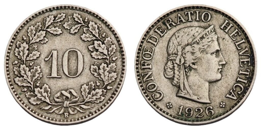 SWITZERLAND 10 rappen 1926 VF