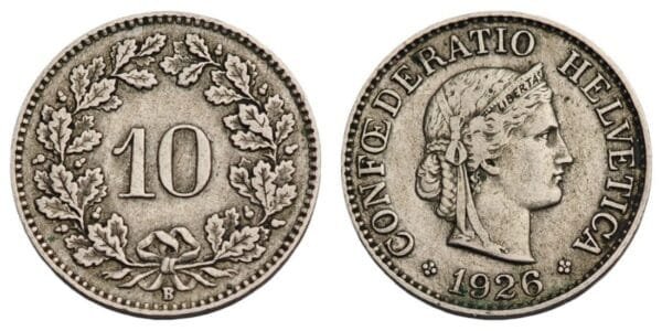 SWITZERLAND 10 rappen 1926 VF