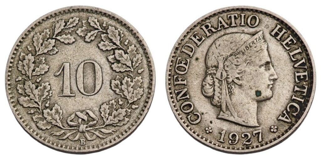 SWITZERLAND 10 rappen 1927 VF