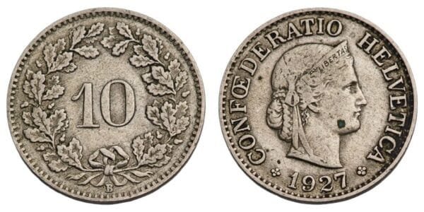 SWITZERLAND 10 rappen 1927 VF