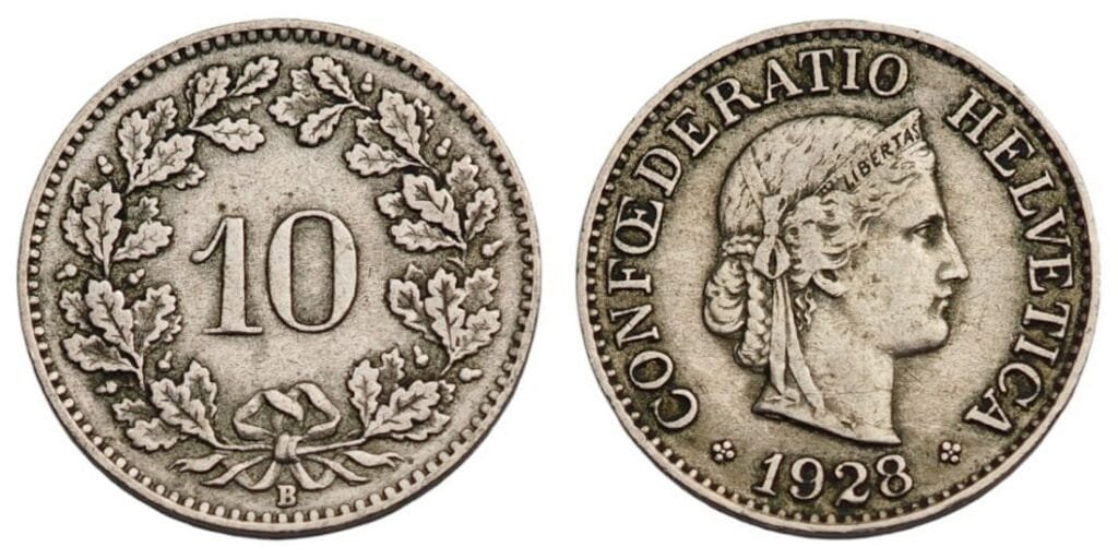 SWITZERLAND 10 rappen 1928 VF