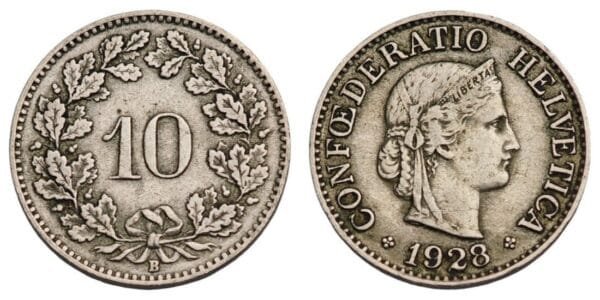 SWITZERLAND 10 rappen 1928 VF