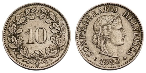 SWITZERLAND 10 rappen 1930 VF