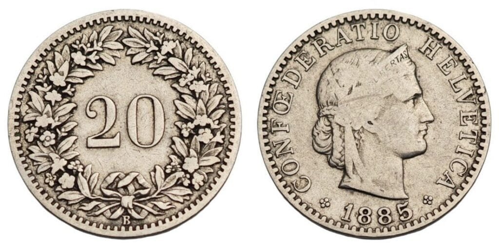 SWITZERLAND 20 rappen 1885 VF