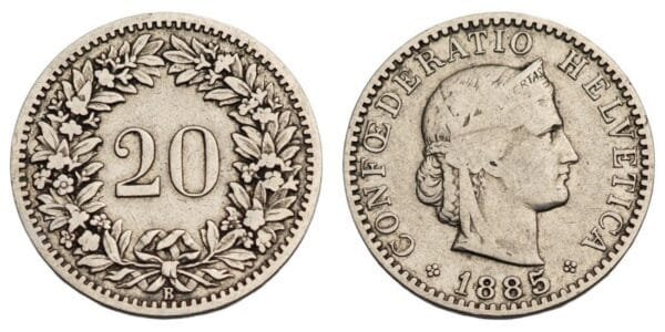 SWITZERLAND 20 rappen 1885 VF
