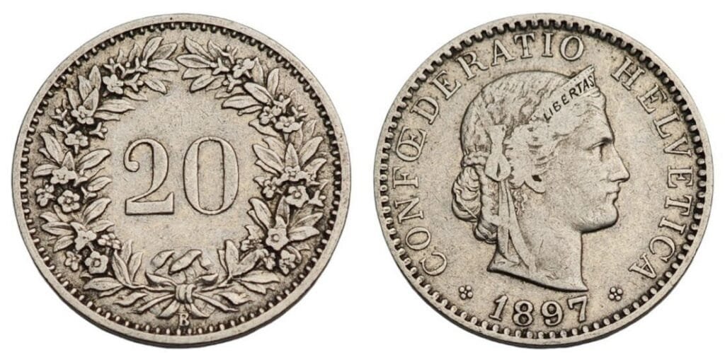SWITZERLAND 20 rappen 1897 VF