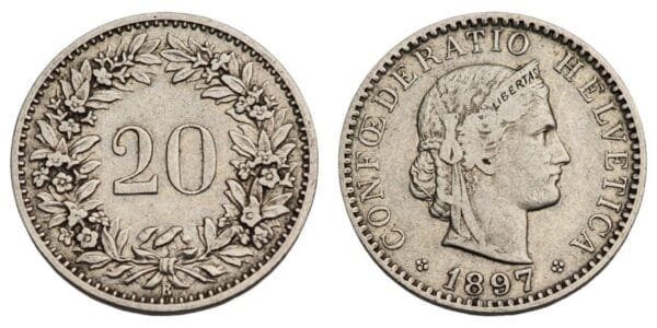 SWITZERLAND 20 rappen 1897 VF