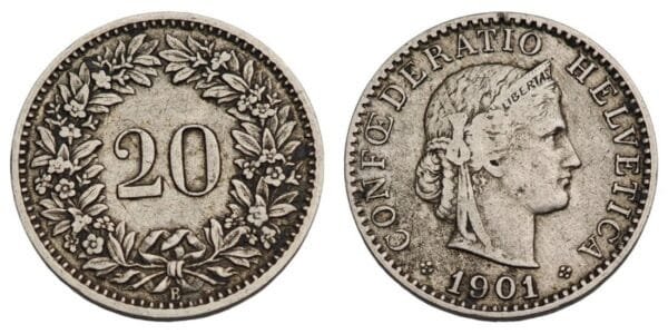 SWITZERLAND 20 rappen 1901 VF
