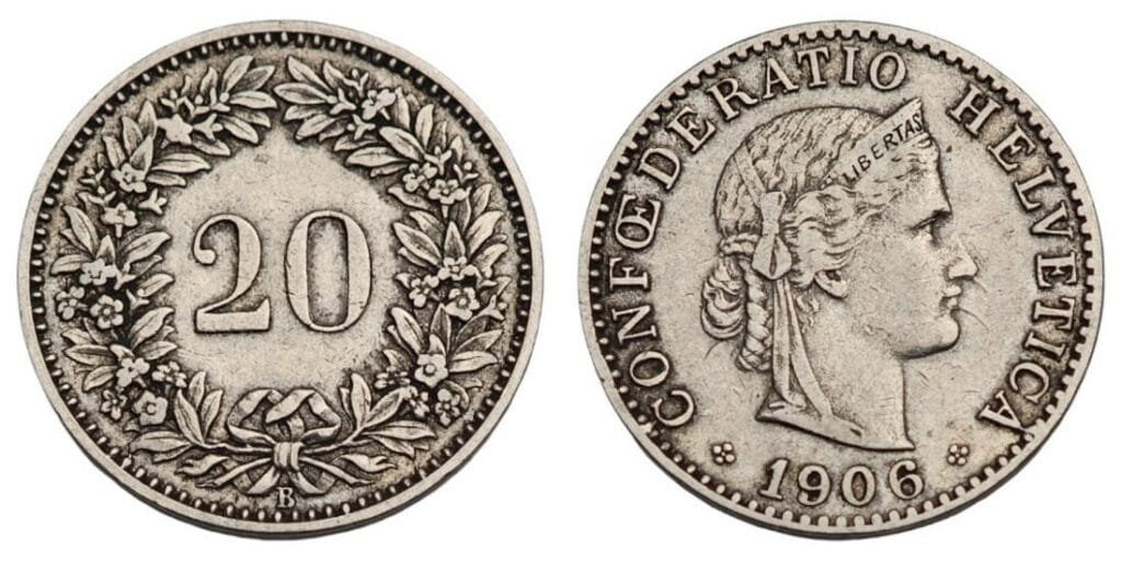 SWITZERLAND 20 rappen 1906 VF