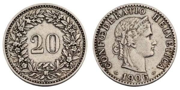 SWITZERLAND 20 rappen 1906 VF