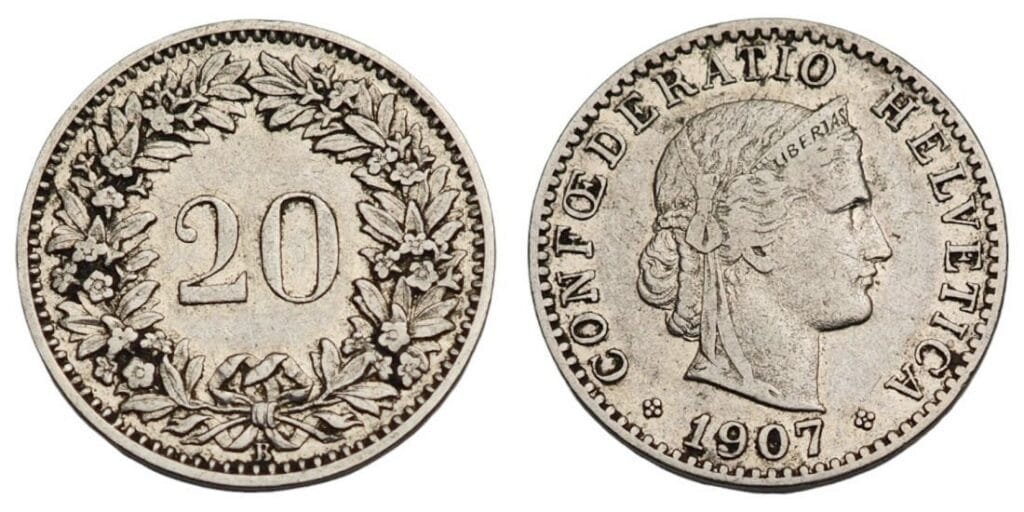 SWITZERLAND 20 rappen 1907 VF