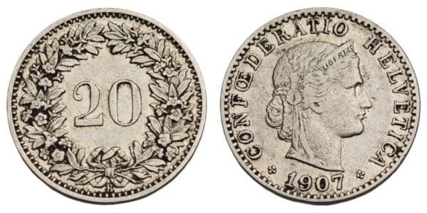 SWITZERLAND 20 rappen 1907 VF