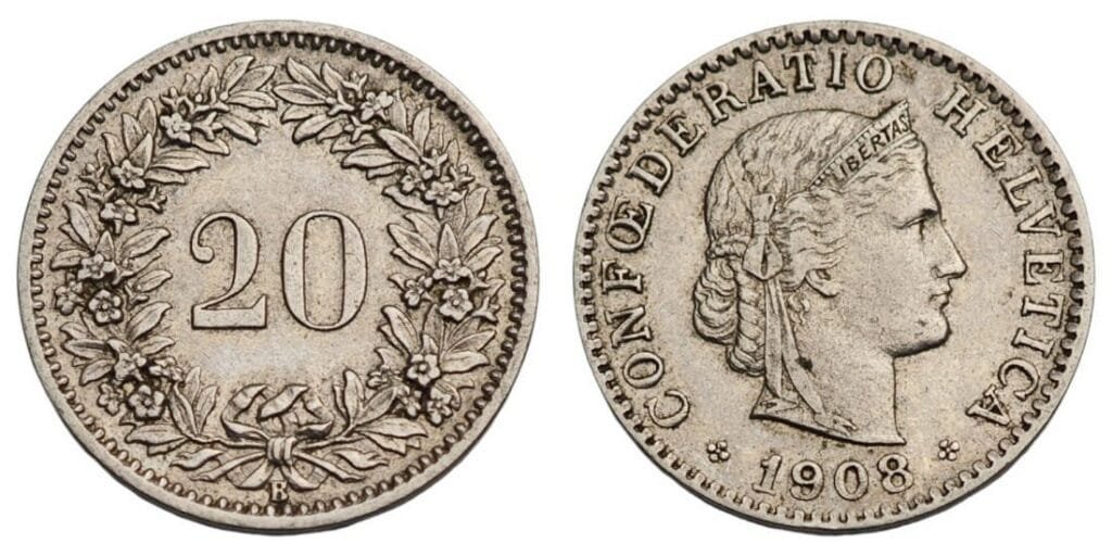 SWITZERLAND 20 rappen 1908 VF