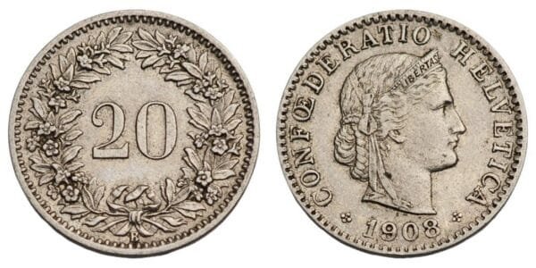 SWITZERLAND 20 rappen 1908 VF