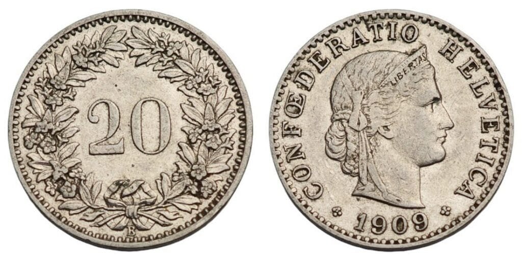 SWITZERLAND 20 rappen 1909 VF