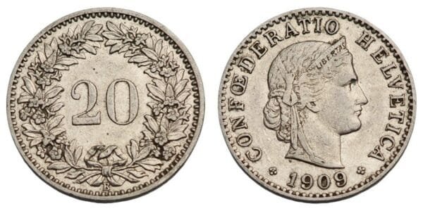 SWITZERLAND 20 rappen 1909 VF