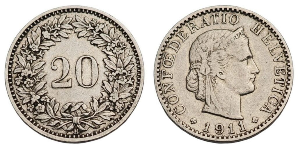 SWITZERLAND 20 rappen 1911 VF