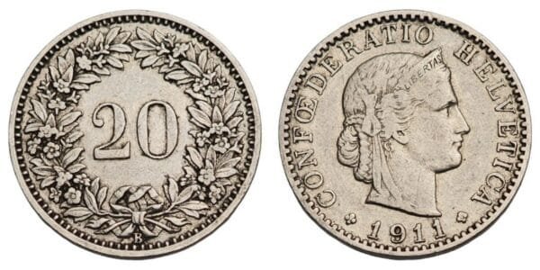 SWITZERLAND 20 rappen 1911 VF
