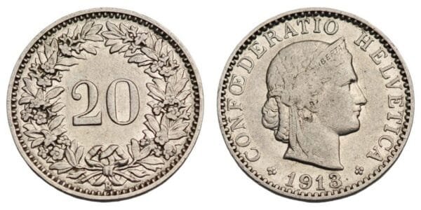 SWITZERLAND 20 rappen 1913 VF