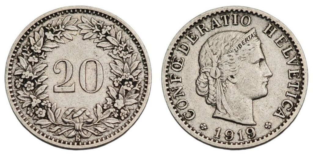 SWITZERLAND 20 rappen 1919 VF