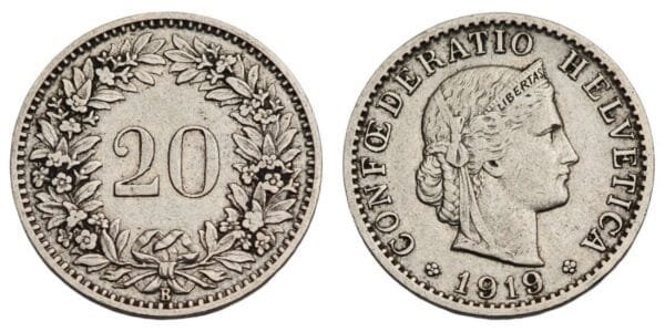 SWITZERLAND 20 rappen 1919 VF