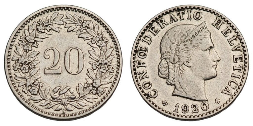 SWITZERLAND 20 rappen 1920 VF