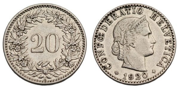 SWITZERLAND 20 rappen 1920 VF