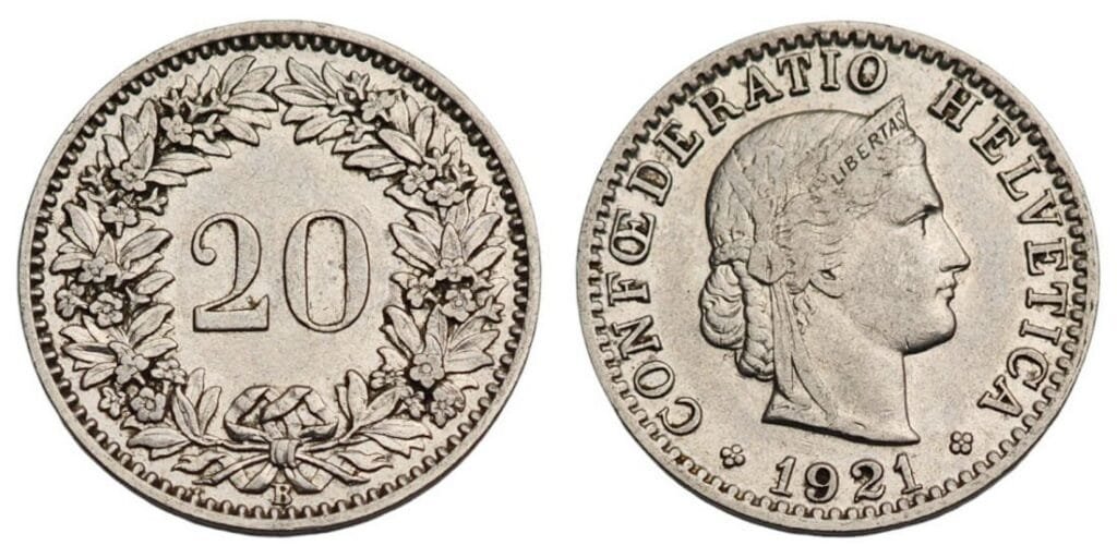 SWITZERLAND 20 rappen 1921 VF